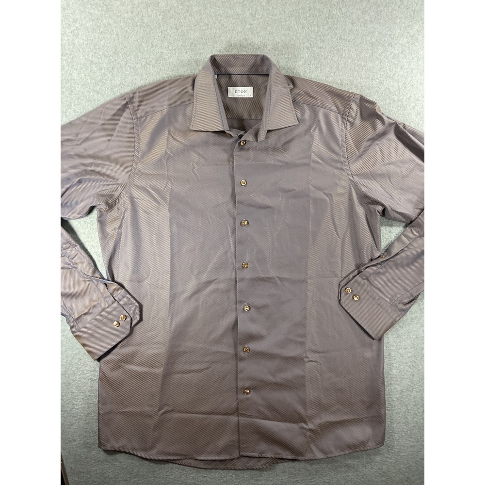 Eton Contemporary Fit Dress Shirt Mens 17 43 Purple Gold Stripe LS Cotton #1305